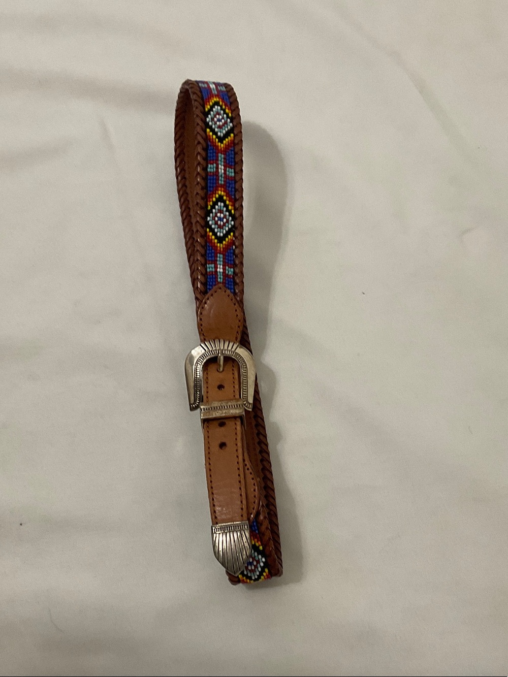 Brown Leather Belt with Multicolor Beaded Pattern and Silver Buckle